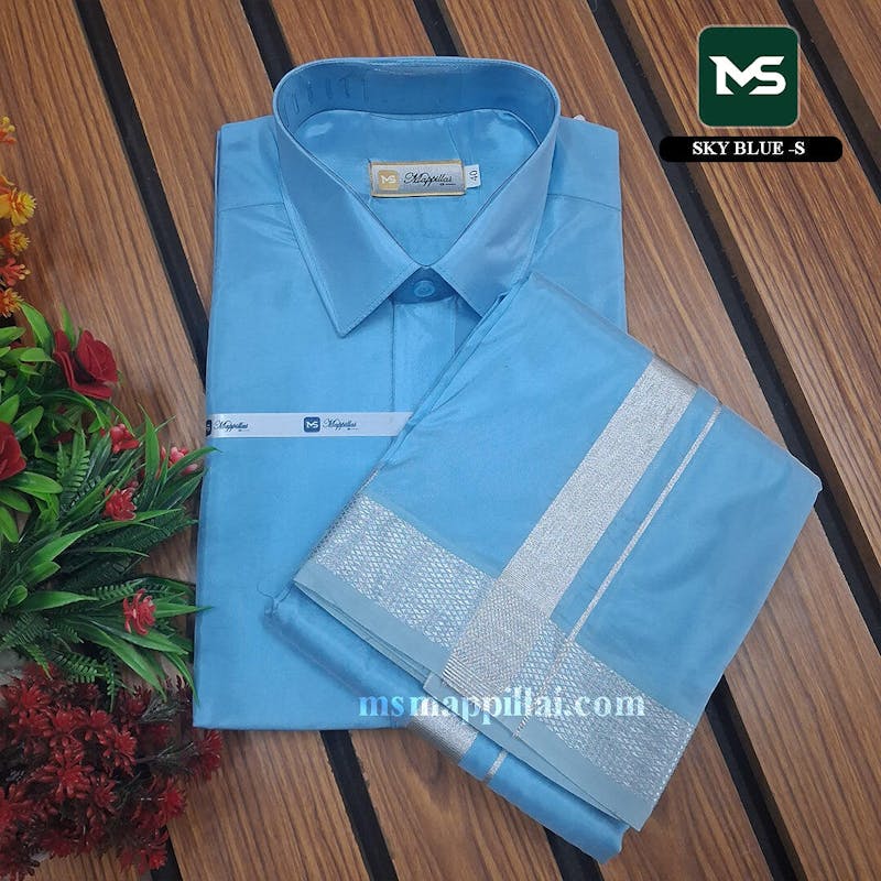 Royal Vastram Shirt and Dhoti Sky Blue With Silver