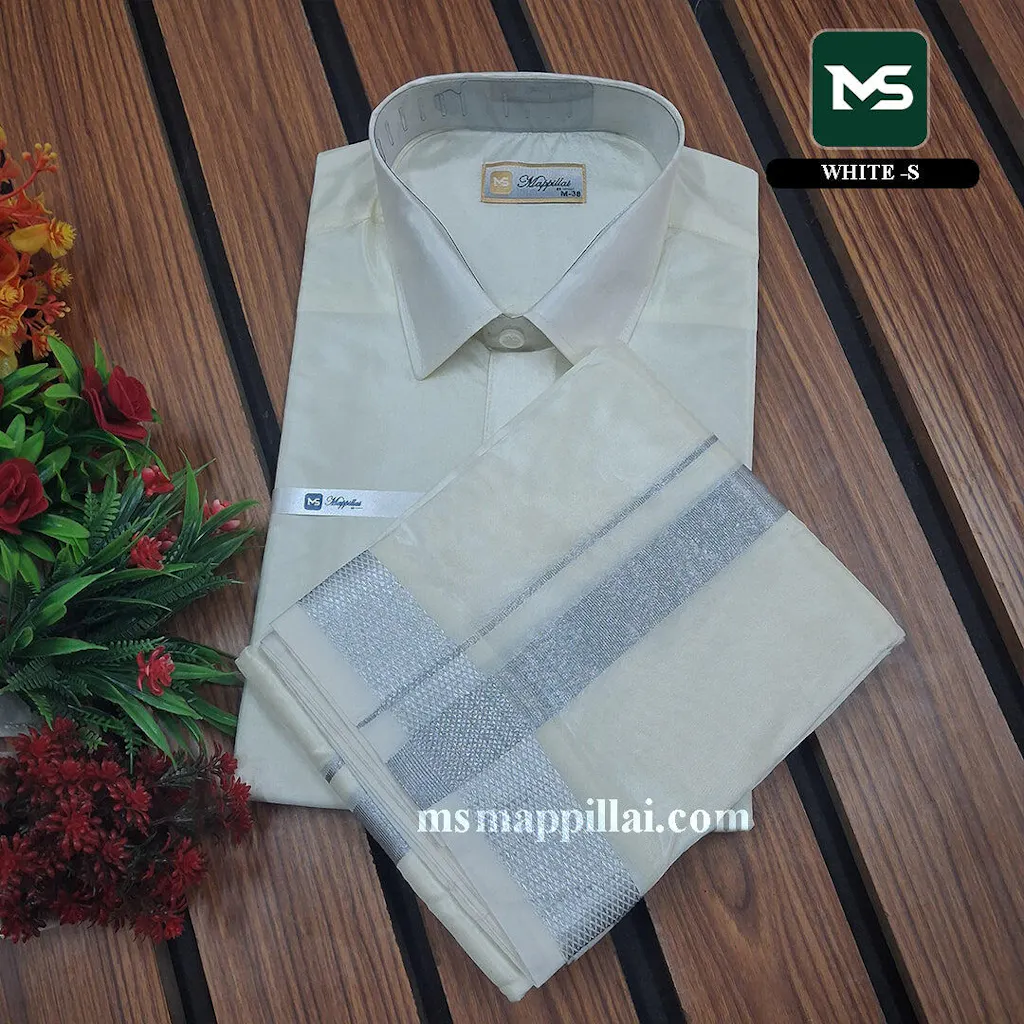 Royal Vastram Shirt and Dhoti White With Silver