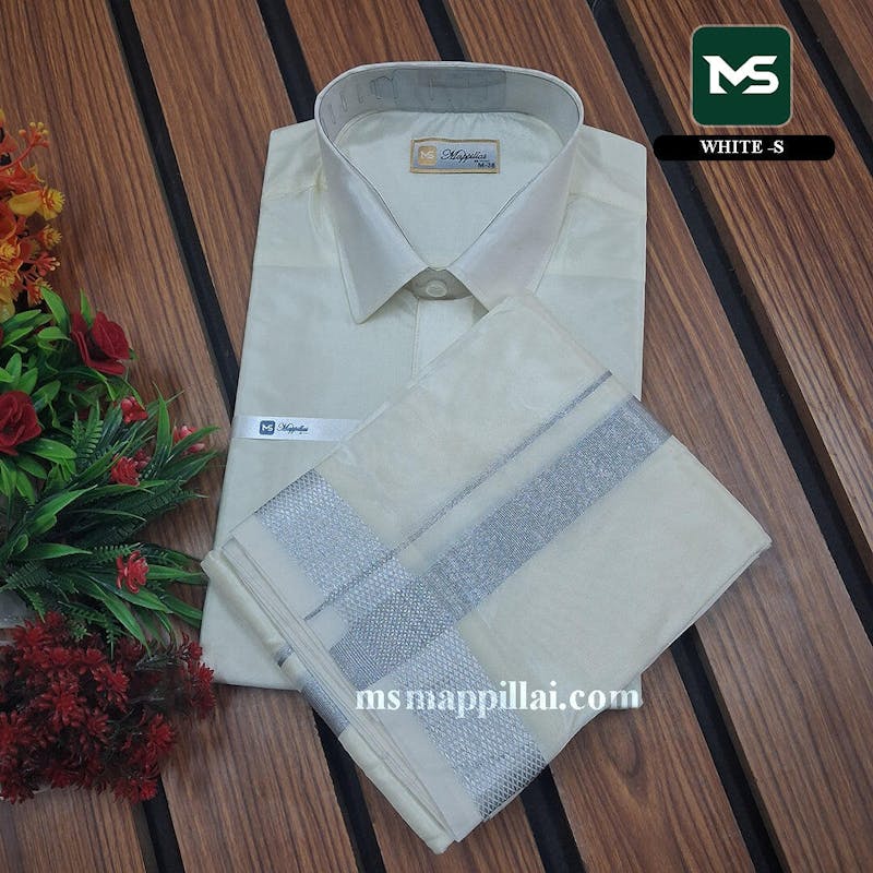 Royal Vastram Shirt and Dhoti White With Silver