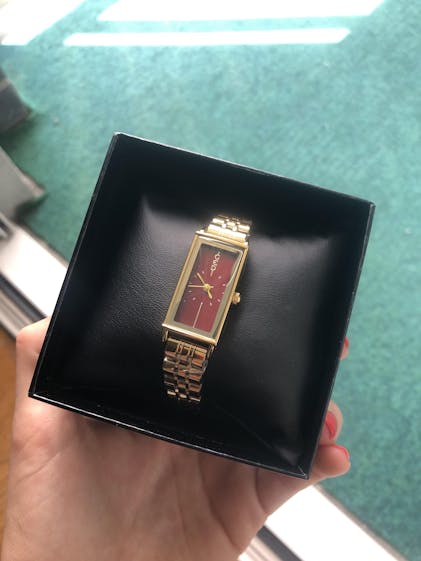 Luxury Rectangle: Gold Steel Strap Angora Red Dial Quartz Watch