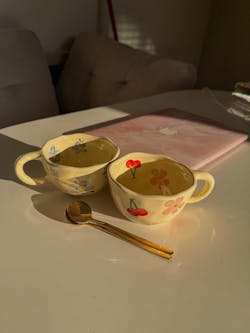 Hand Painted Ceramic Mug Set With Spoon Cozy Cherry And Tulip