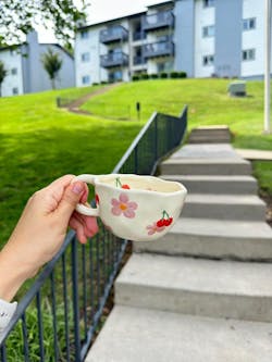 Hand Painted Ceramic Mug Set With Spoon Cozy Cherry And Tulip
