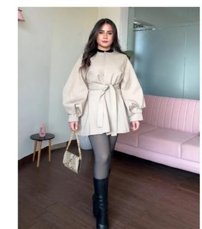 Balloon Sleeve Clip Up Flared Mini Trench Coat With Belt