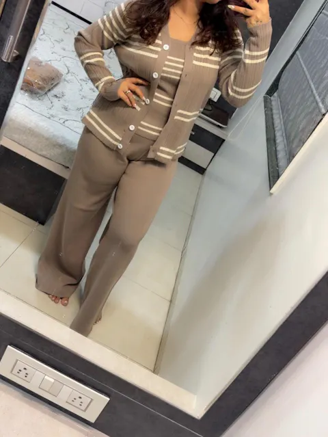 3 Piece Knitted Striped Cardigan Co-ord Set