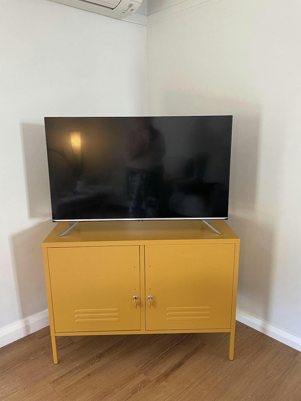 The Lowdown in Mustard • Metal TV Unit • Mustard Yellow Metal TV Unit