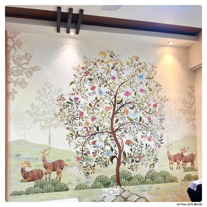 Serene Shelter: Colorful Artistic Illustration Of Animals And A Tree With Vibrant Floral Design