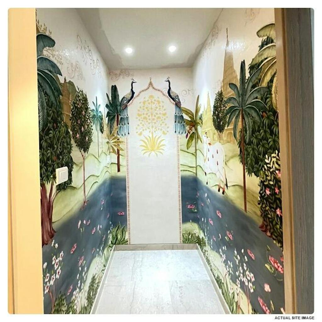 Divine Gateway: Pichwai Inspired Wallpaper With Peacock, Cow And Domes