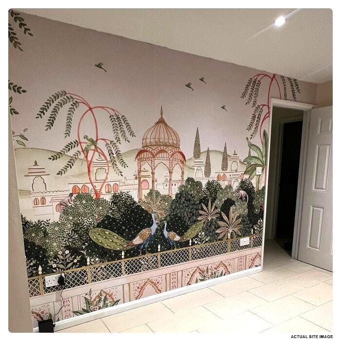 Royal Realm: Vrindavan Palace With Birds Pichwai Wallpaper