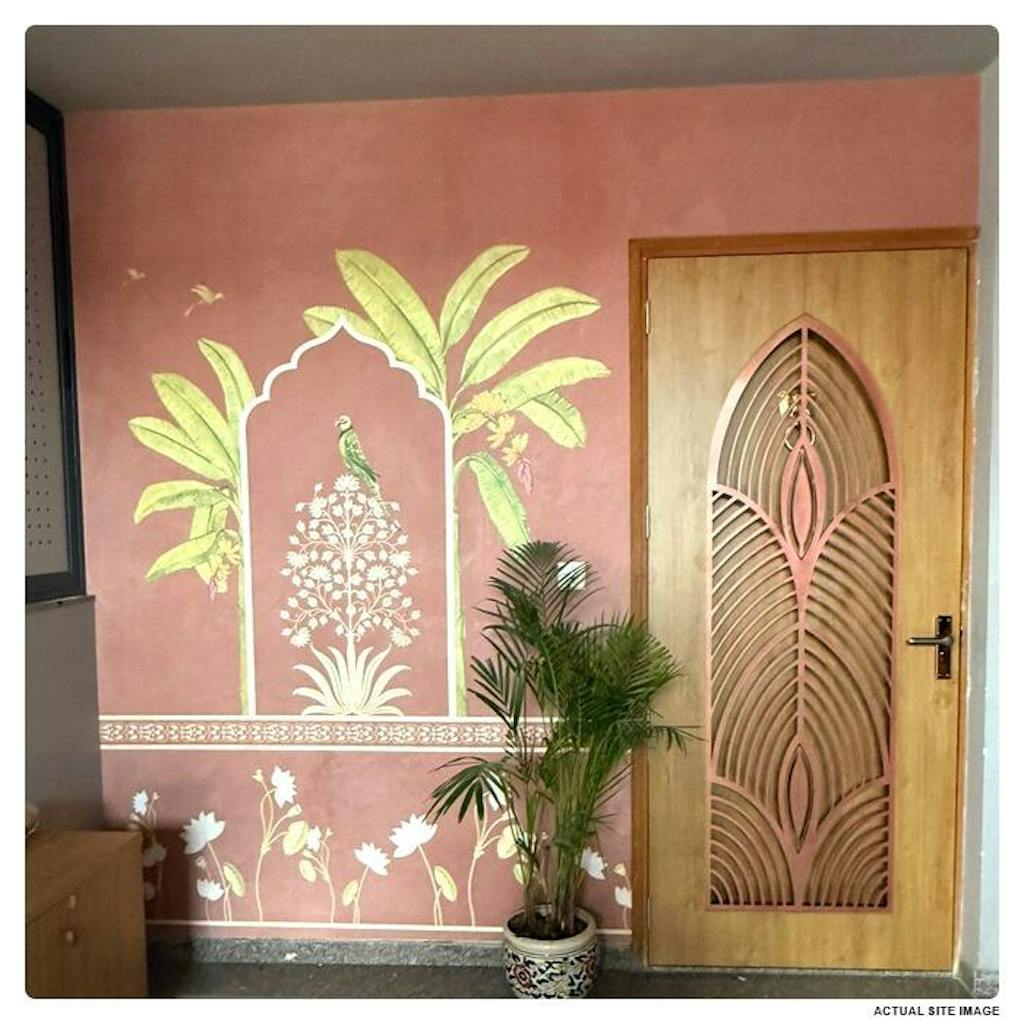 Avian Elegance: Pichwai Inspired Wallpaper With Cow, Banana Tree, Parrot