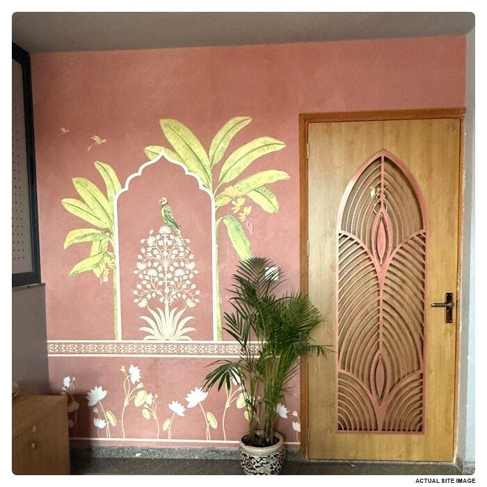 Avian Elegance: Pichwai Inspired Wallpaper With Cow, Banana Tree, Parrot