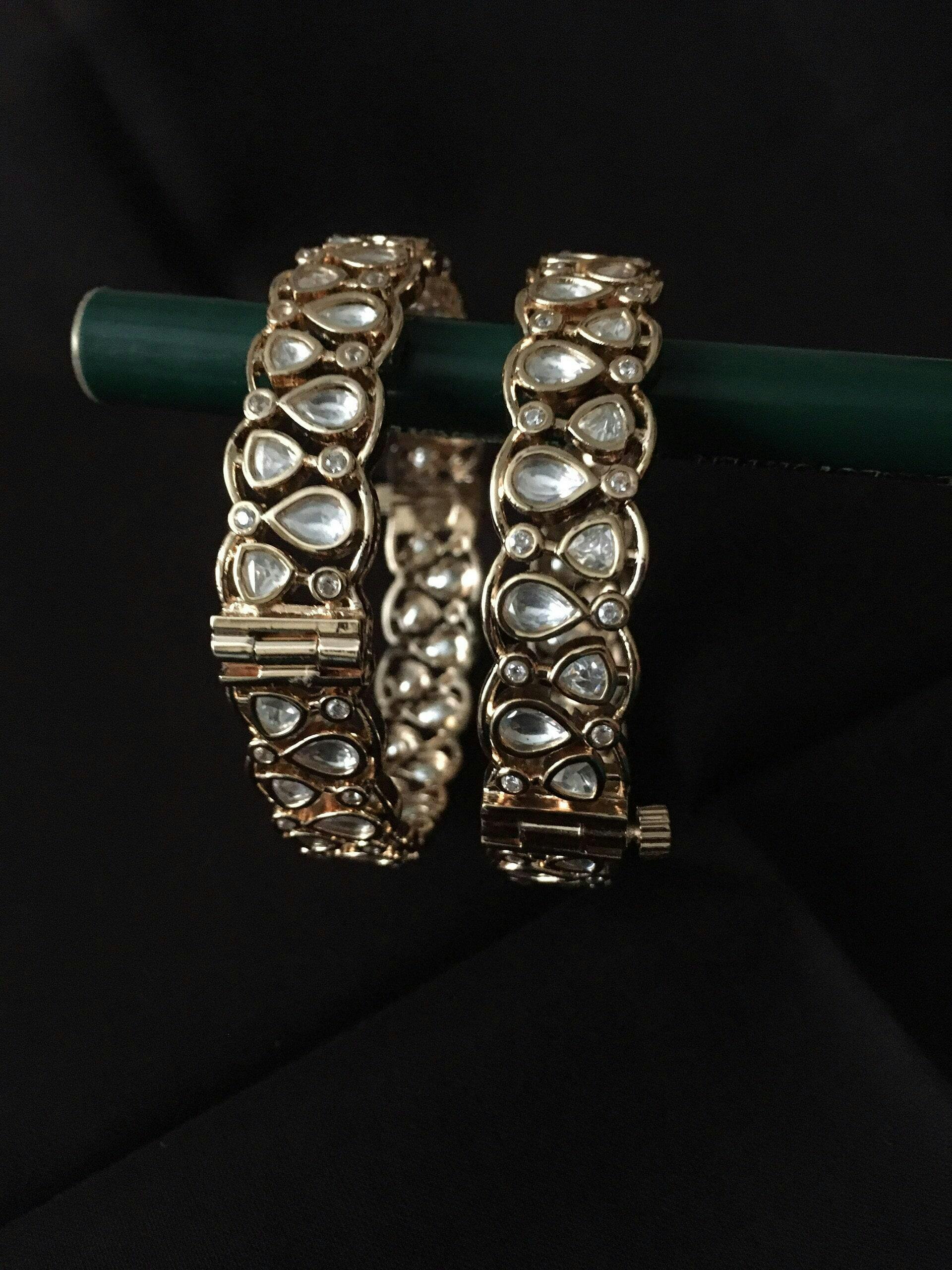 Single Line Silver Foil Polki Kundan Openable Bangles | Gold Kundan Bangles | Polki Diamond Gold Bangle Pair | Indian Wedding high quality Jewelry |