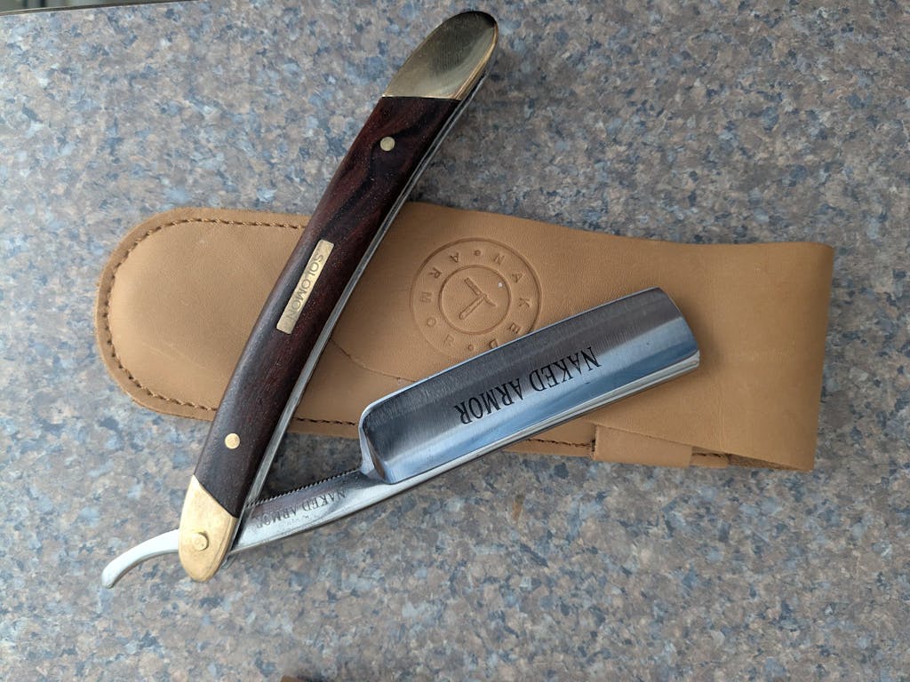 Naked Armor Solomon Straight Razor 7/8" Brown Algum Wood Japanese Steel