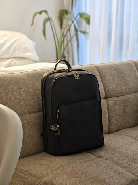 Rectangular design genuine cowhide leather backpack with luggage/trolley sleeve