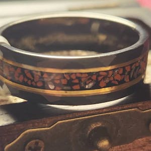 "T-rex" Meteorite, Red Dinosaur Bone, Rose Gold Strip Inlay, Tungsten Carbide, Hammered Design-8mm