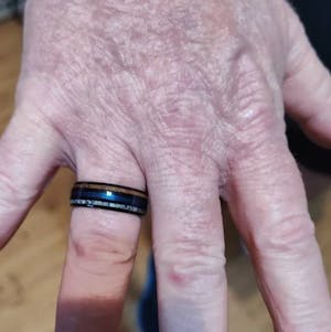 "Bass Master" Deer Antler, Whiskey Barrel Wood, and Fishing Line Inlay, Black Tungsten Carbide, Men's Wedding Ring, Dome Design, 8mm