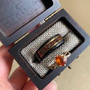 "T-rex" Meteorite, Red Dinosaur Bone, Rose Gold Strip Inlay, Tungsten Carbide, Hammered Design-8mm