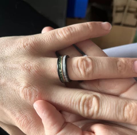"Fusion" Deer Antler Inlay, Moss Agate Wedding Band, Rose Gold Strip, Black Tungsten Carbide Ring, 8mm