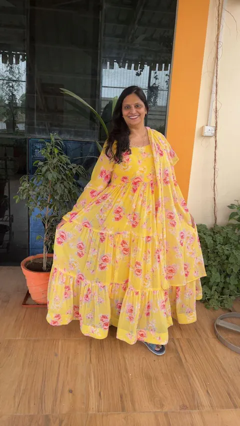 Yellow Color floral printed Anarkali set