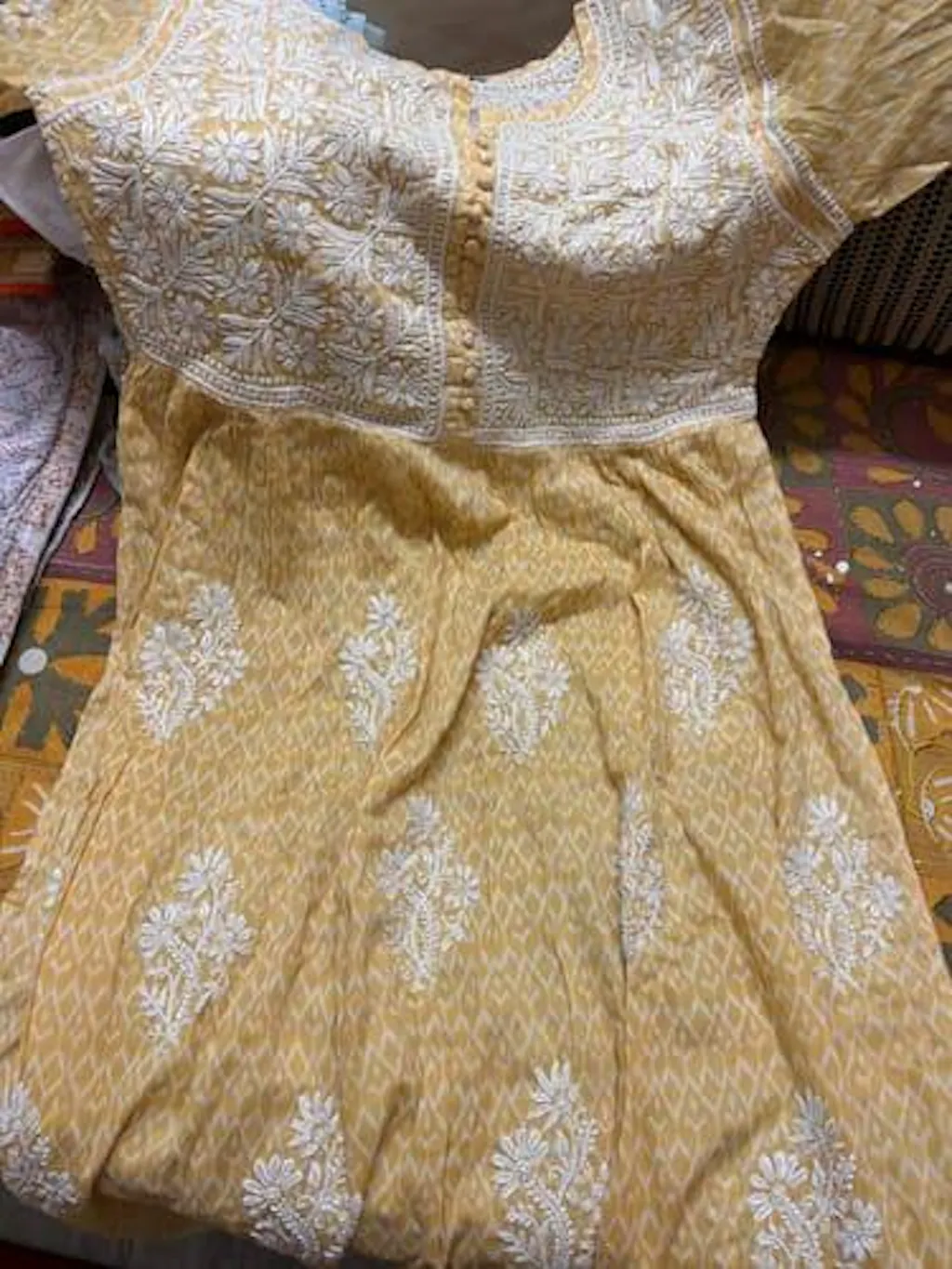 Nisha Women's Lucknowi Handcrafted Printed Ikkat Cotton Chikankari Dress - HONC0144078