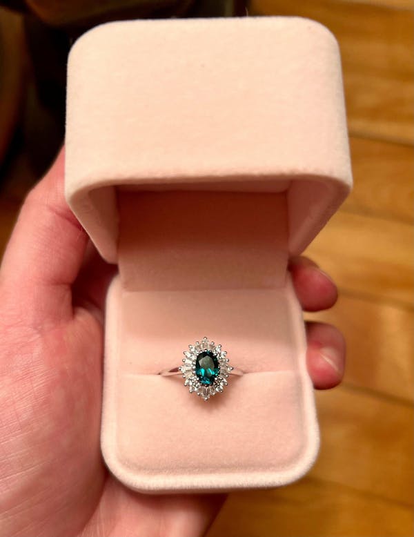 Art deco Green Oval Lab Emerald Halo Engagement Ring