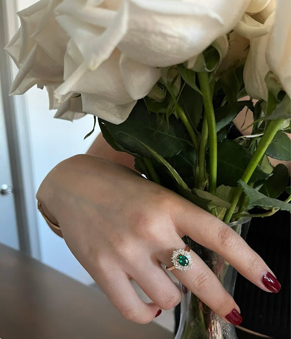 Art deco Green Oval Lab Emerald Halo Engagement Ring