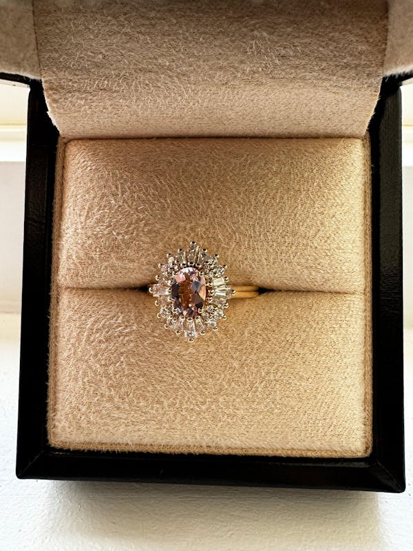 Oval Pink Morganite Art deco Halo Engagement Ring Rose Gold