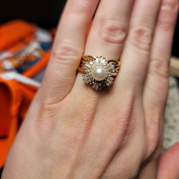 Akoya Pearl Art Deco Halo Engagement Ring Rose Gold