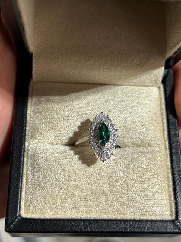 Marquise Cut Lab Emerald Unique Double Halo Art Deco Engagement Ring