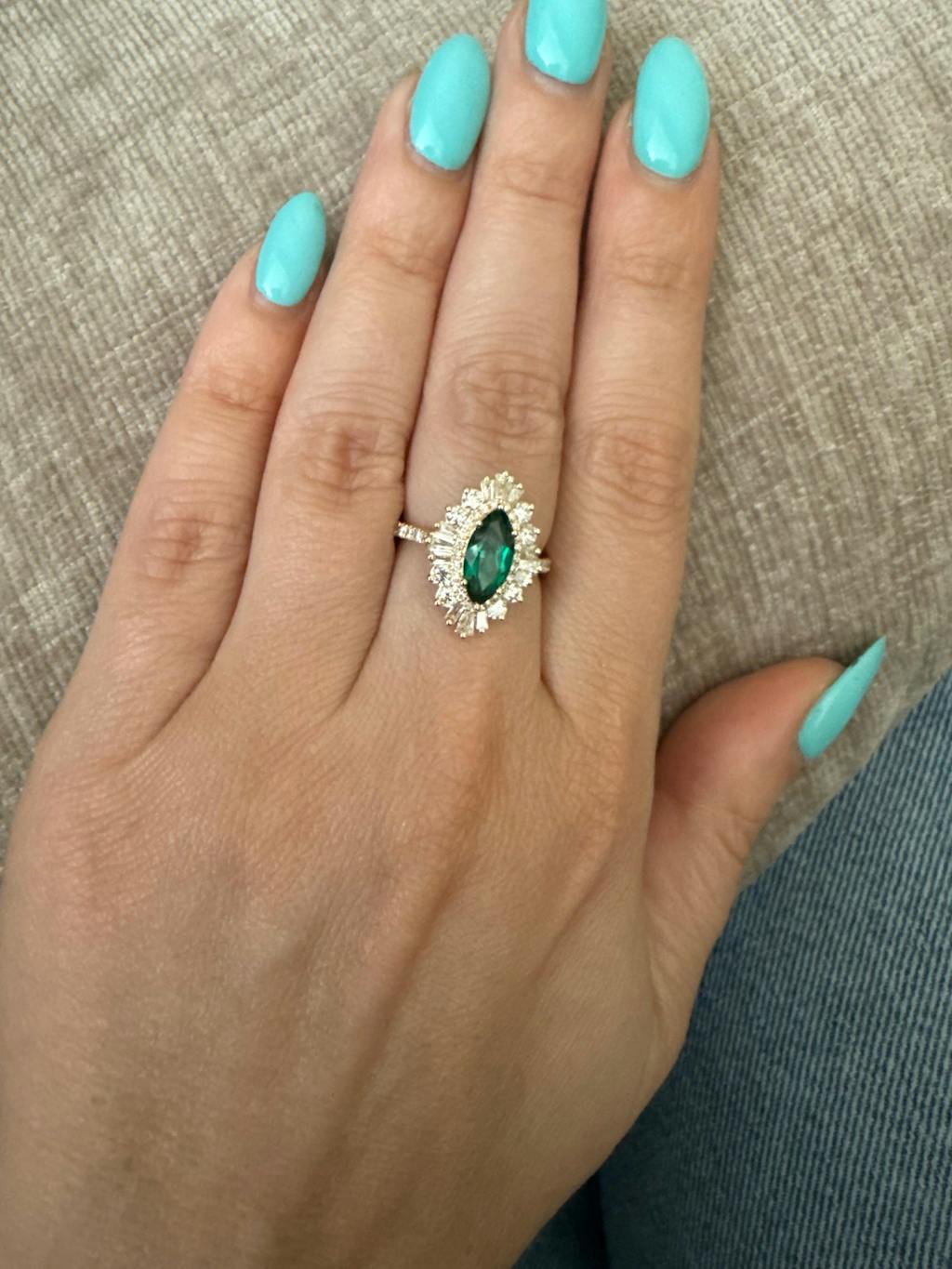 Art deco Marquise Lab Emerald Halo Engagement Ring