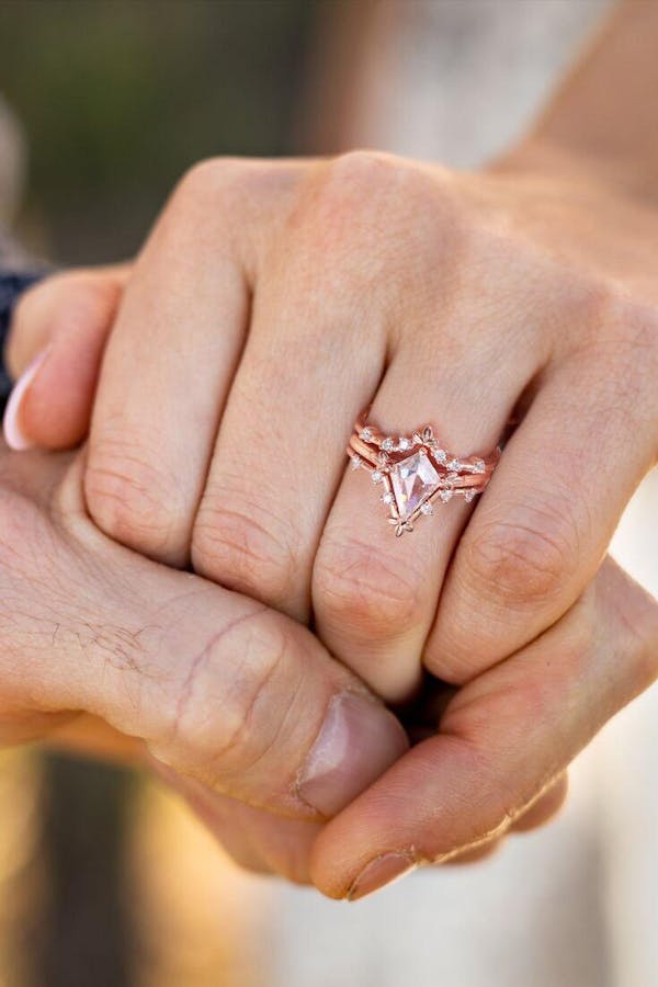 Half Rose Cut Kite Moissanite Art Deco Engagement Ring Sets 3pcs