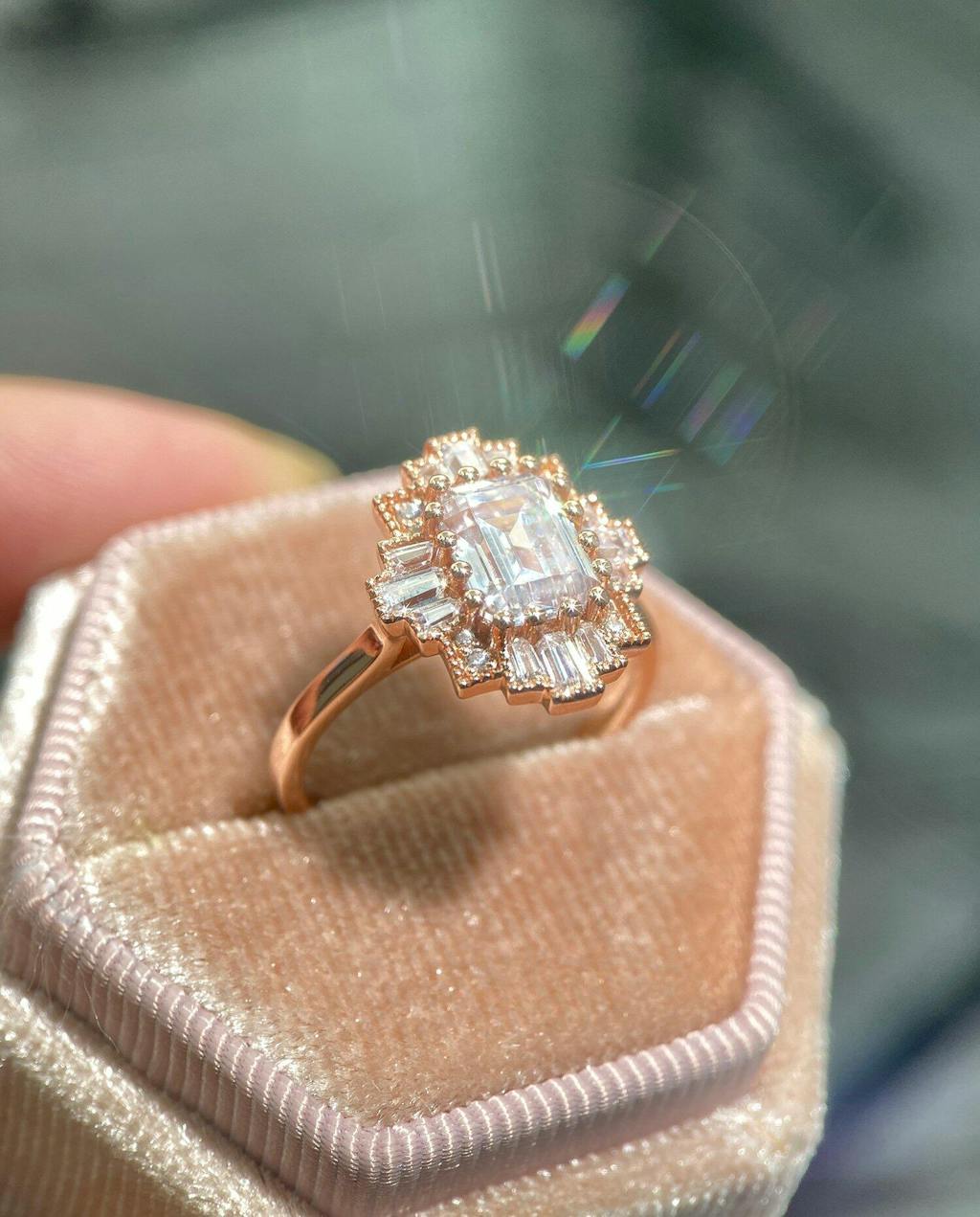 Emerald Cut Art Deco Lab Diamond Starburst Ring