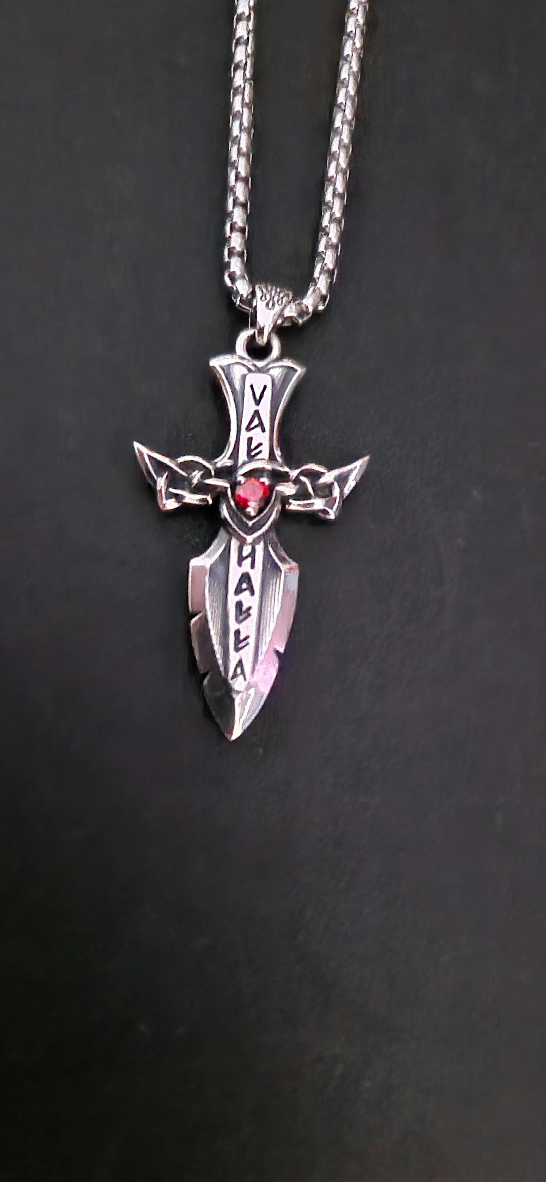 Sterling Silver Dagger Pendant — Heart Gem Gothic Sword Necklace