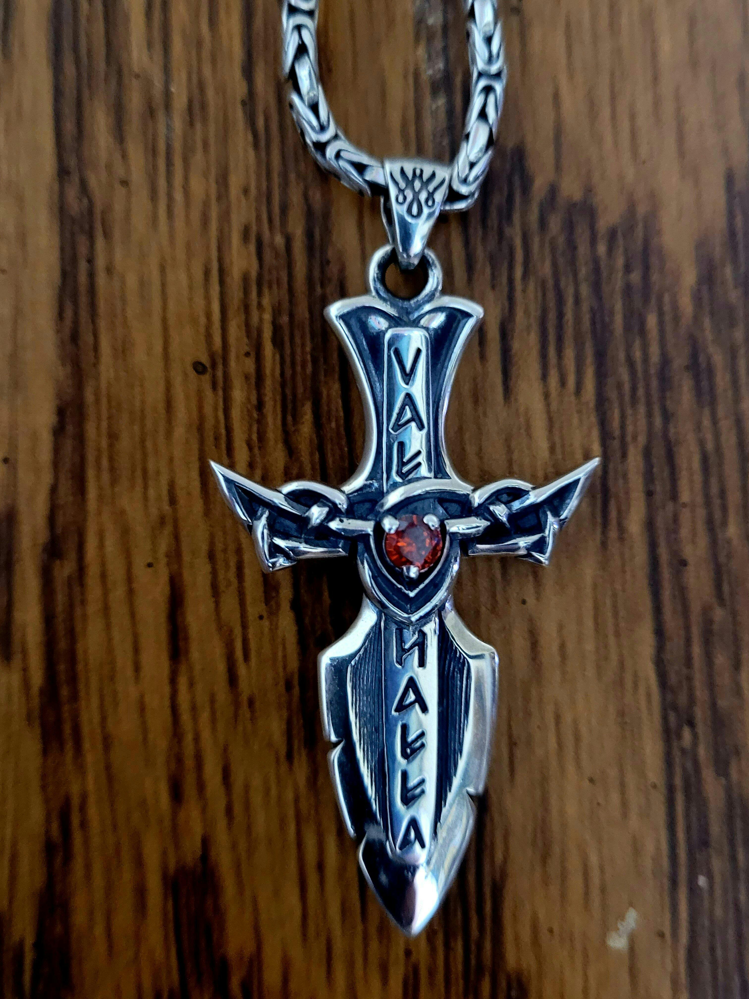 Viking Cross Sword Pendant – Norse Rune Valknut Necklace in