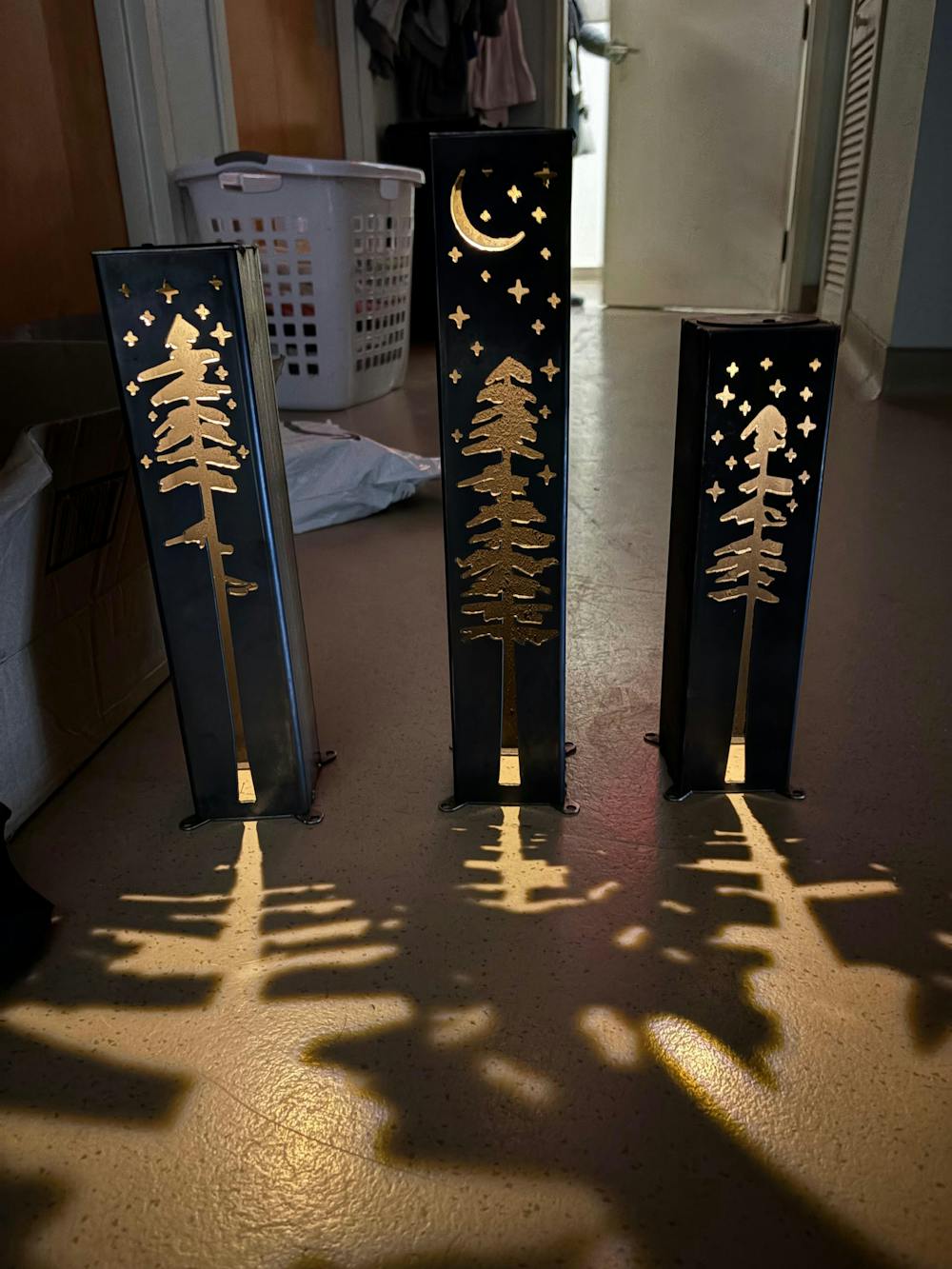 Pine Tree Night Sky Luminary Pillar w/ Solar Cap | 12-inch, 14-inch, 16-inch
