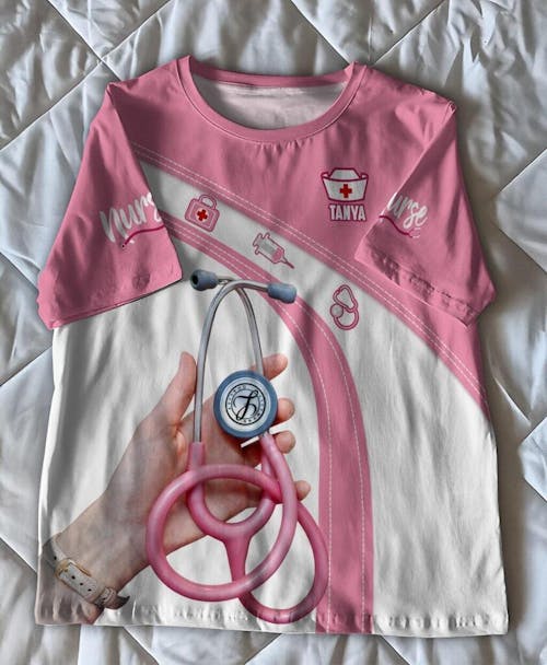 Personalized Nurse Shirt for Women - Pink Stethoscope Gift for RN CNA LPN - Custom Name Medical Uniform Tee