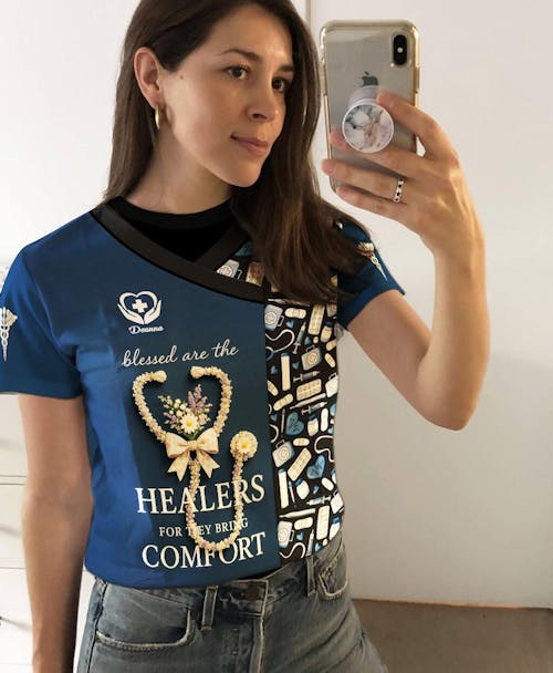 Personalized Blessed Healer Scrubs for Women RN CNA LPN - Floral Heart Stethoscope Design with Inspirational Quote - Custom Name Gift for Healthcare Workers & Nurses