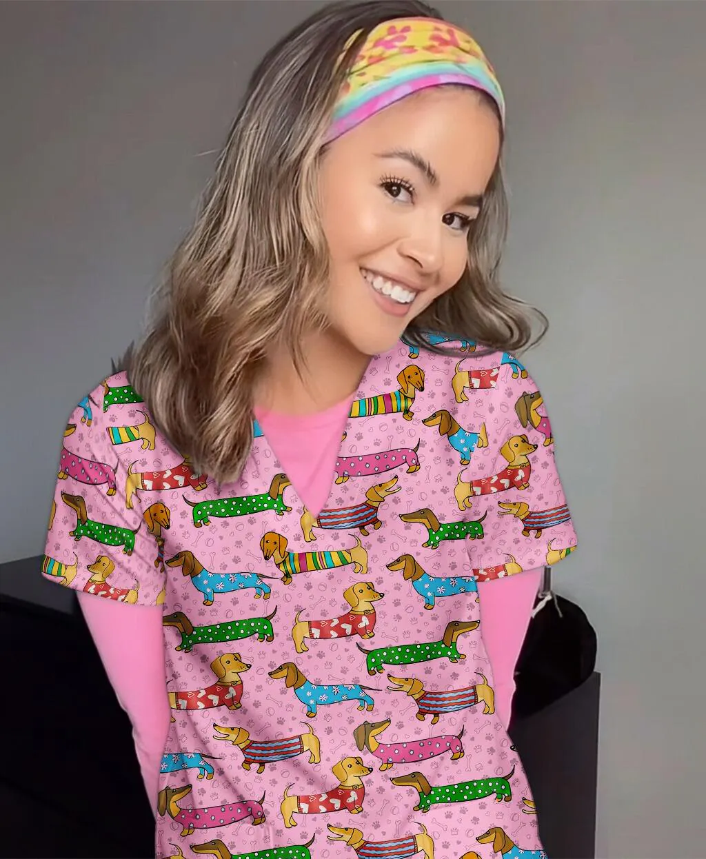 Cute Dachshund Dog Scrub for Nurse - Funny Animal Lover Top for Women - RN LPN CNA Healthcare Workers Gift