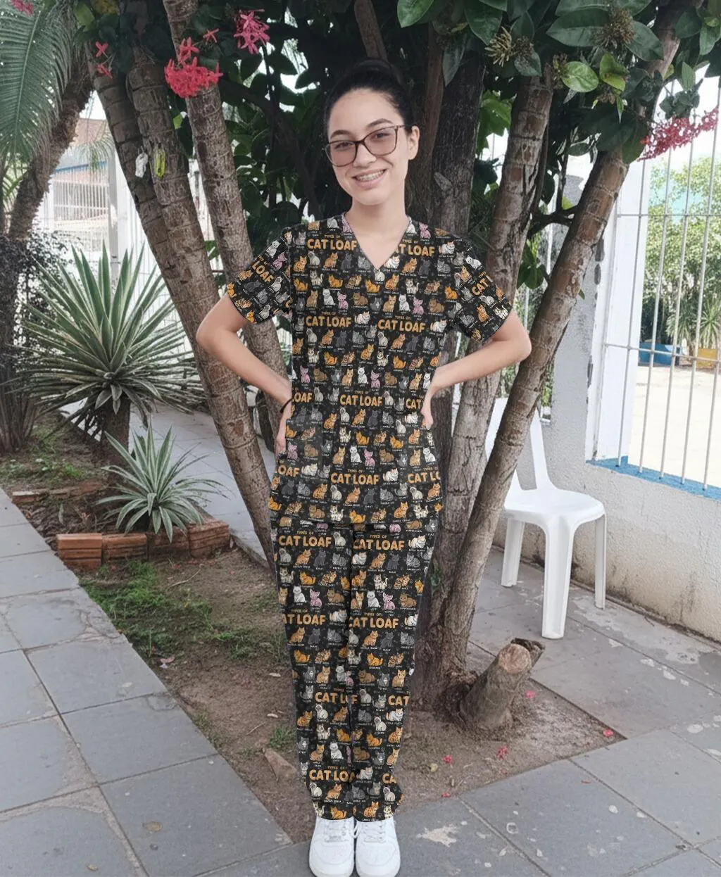 Funny Cat Loaf Nurse Scrub Set for Women - Cute Cat Medical Uniform Top and Pants - Ugly Sweater Pet Lover Gift