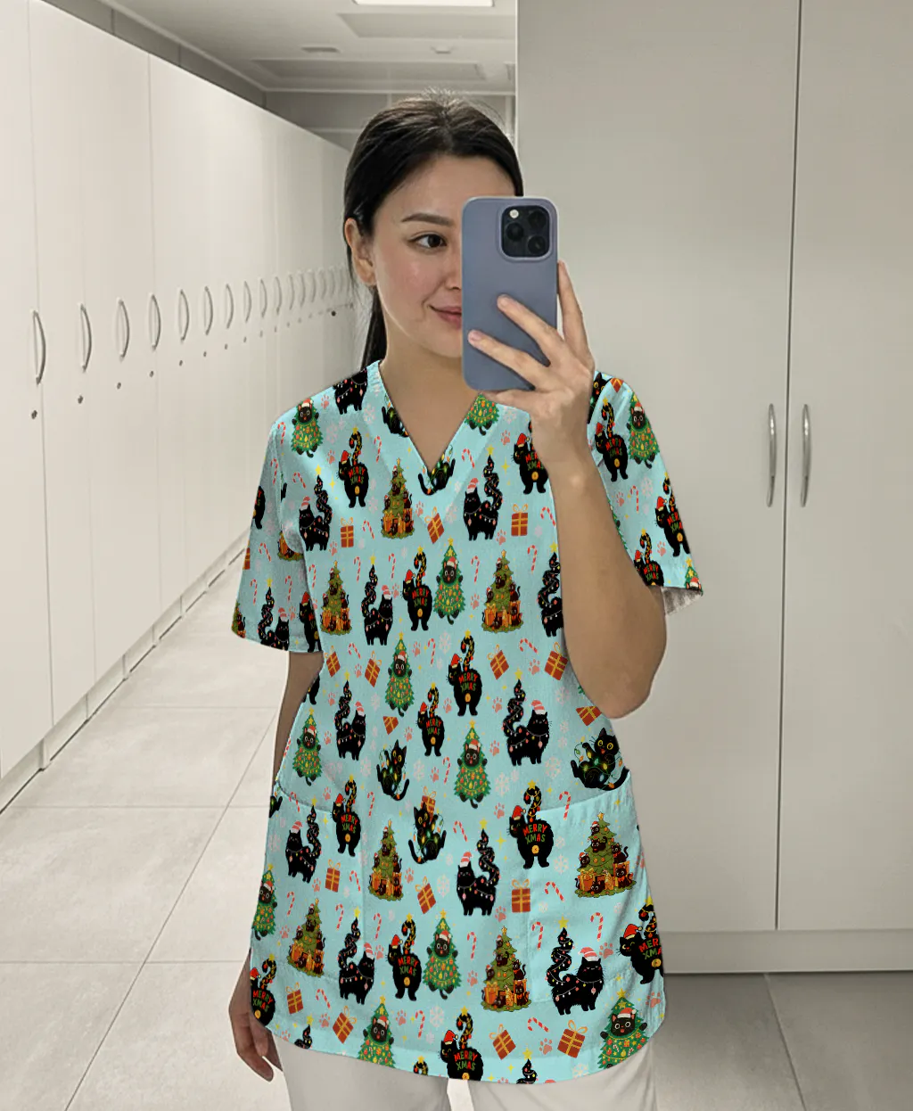 Christmas Cat Nurse Scrub Top - Funny Black Cat Print Medical Shirt for Women & Men - Cute Holiday Scrubs Gift for RN CNA Doctor