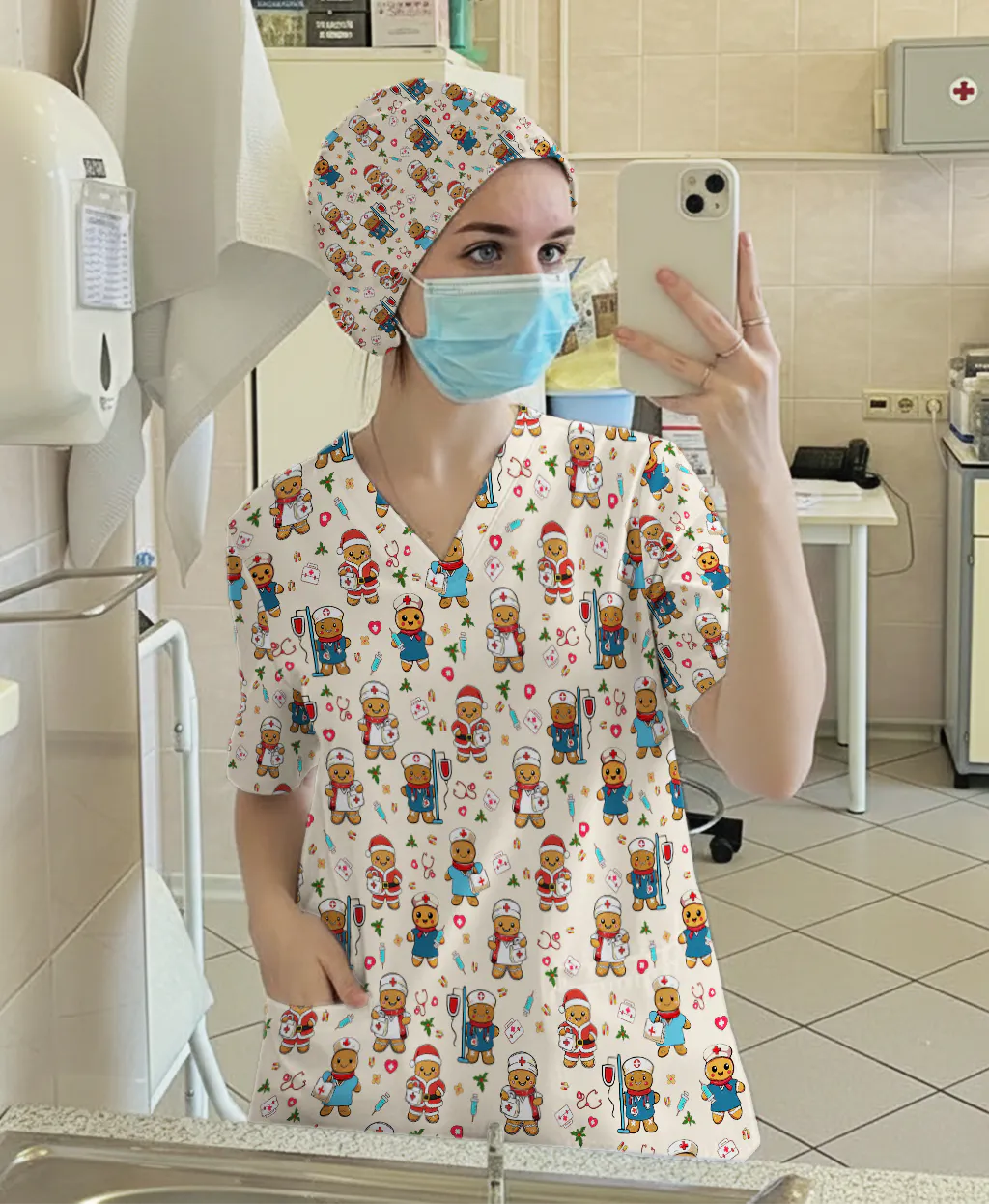 Christmas Gingerbread Nurse Scrub Top for Women - Cute Holiday Medical Uniform - Funny Shirt for RN LPN CNA Xmas Gift