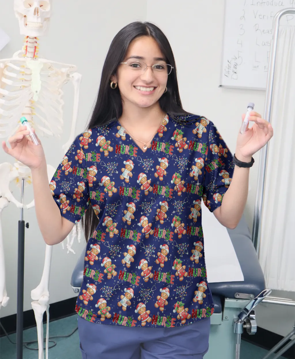 Christmas Nurse Scrub Top - Funny Gingerbread Holiday Medical Uniform - Gift for Nurse RN CNA LPN