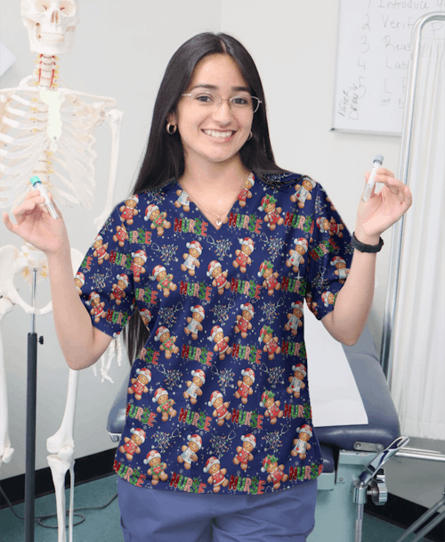 Christmas Nurse Scrub Top - Funny Gingerbread Holiday Medical Uniform - Gift for Nurse RN CNA LPN