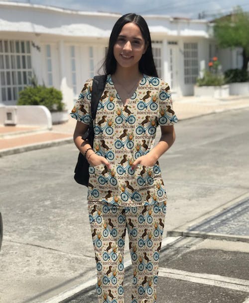 Doxycycline Pharmacy Pun Scrub Top - Dachshund on Bicycle Pharmacists Shirt - Veterinary Technicians Gift