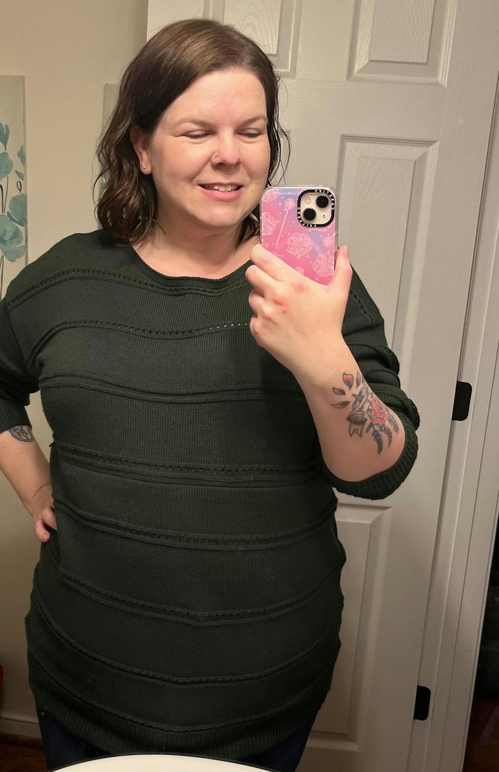 Open Knit Nursing Sweater- Evergreen