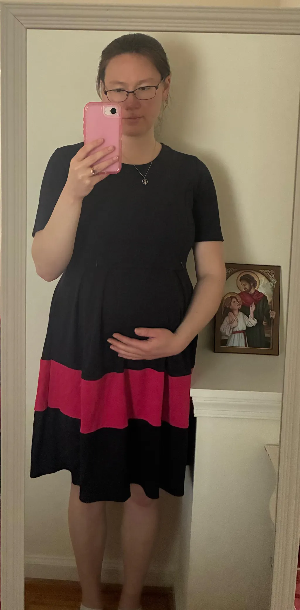 Fit and Flare Short Sleeve Nursing Dress - Navy/Pink Stripe