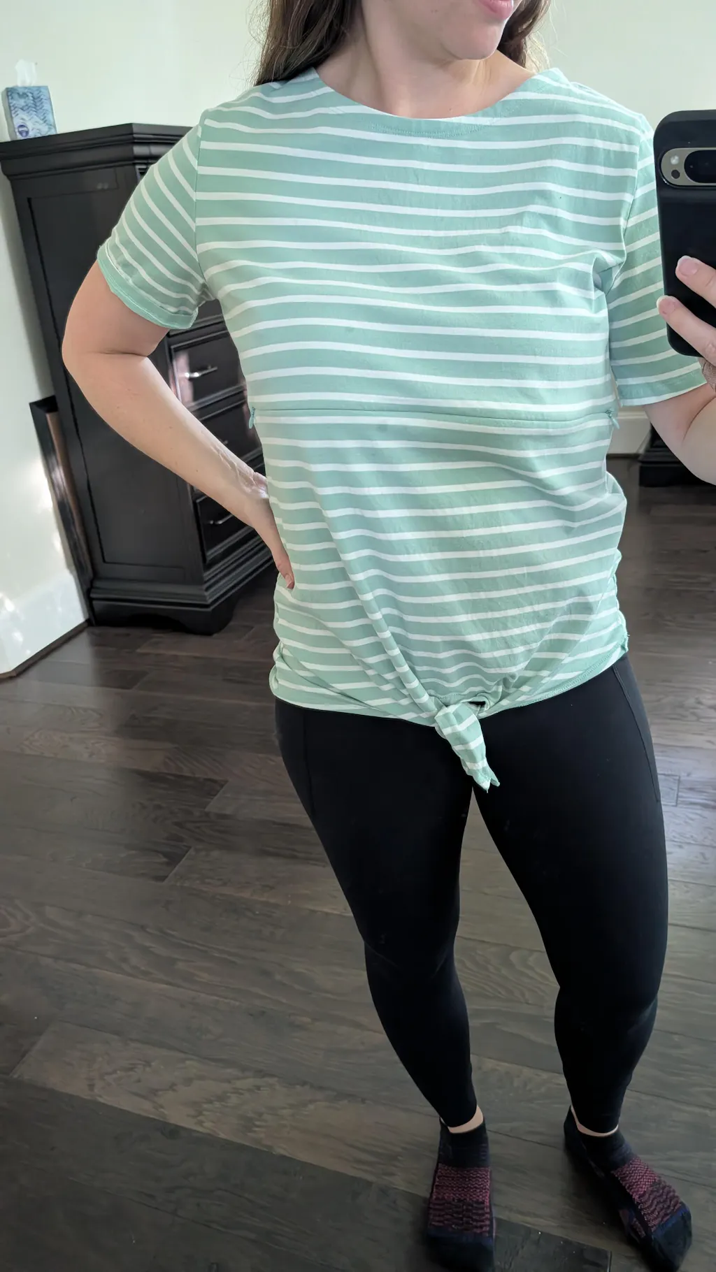Striped Nursing T-Shirt With Front Tie- Hidden Zipper - Mint/White