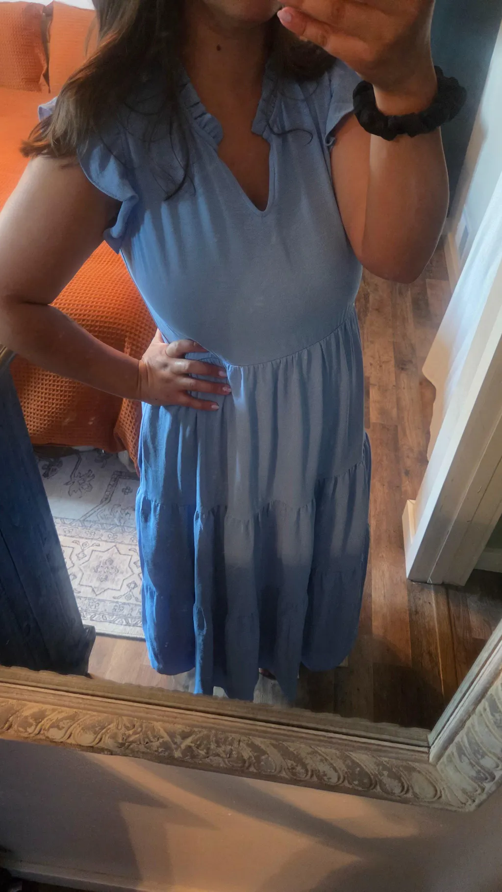 Tiered Nursing Midi Dress With Ruffle Sleeves - Blue