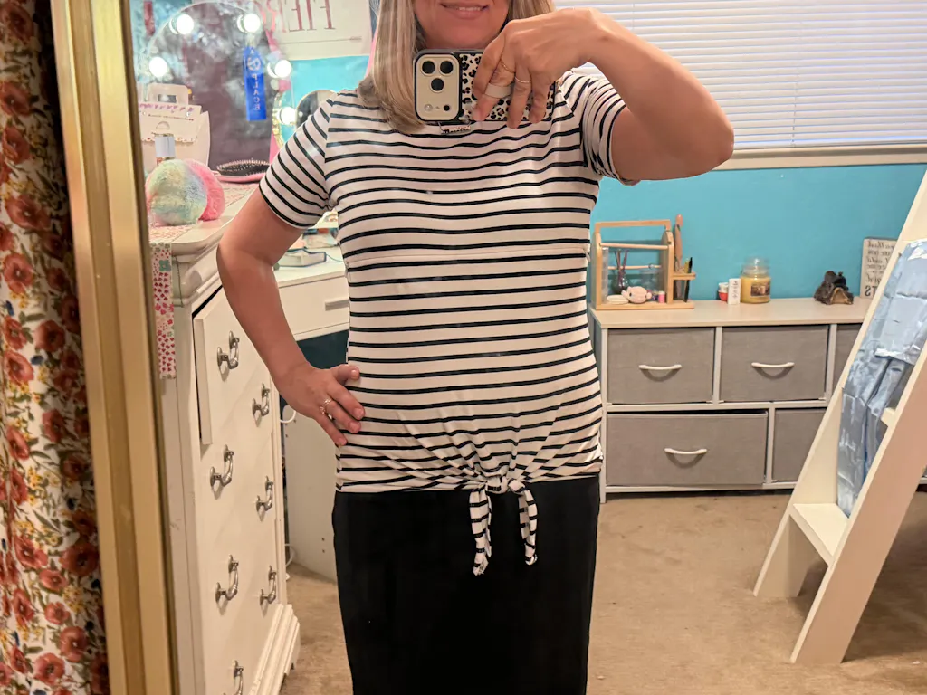 Striped Nursing T-shirt With Front Tie- Hidden Zipper - Black/White