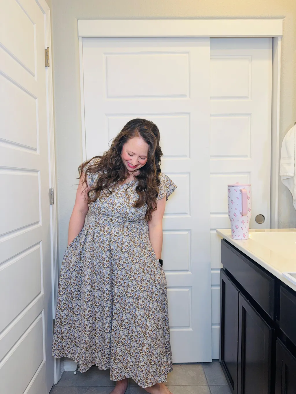 Belted Nursing Midi with Pockets- Beige Floral