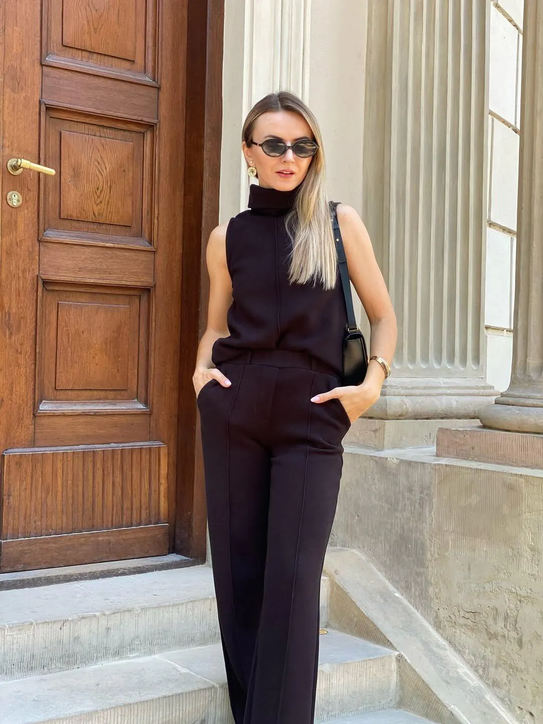 2pcs Set Petite High Waisted Straight Leg Pant Split Hem Top